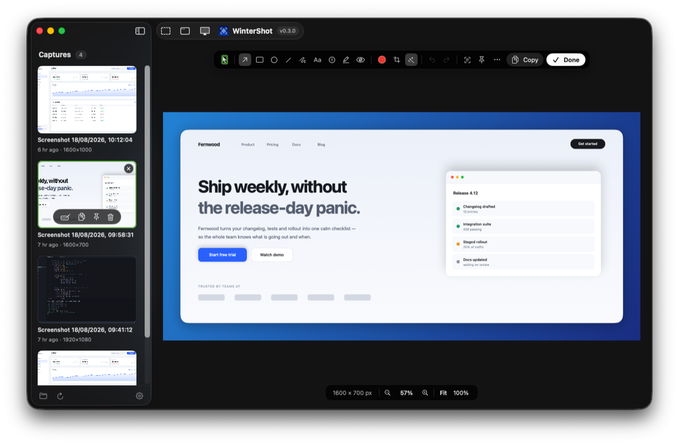 The same capture with background beautify enabled — sitting on a blue gradient with padding, rounded corners and a drop shadow