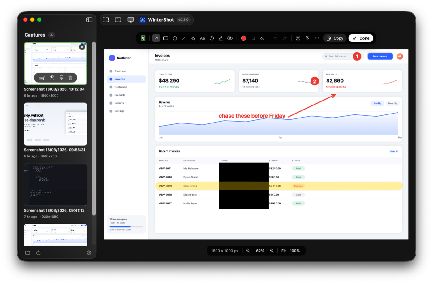 WinterShot's editor showing a captured dashboard annotated with a red arrow, numbered counters, a yellow highlighter across a table row and black redaction bars over an email column