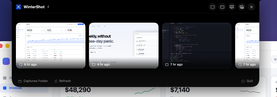 WinterShot's notch history panel dropping from the top of the screen with recent capture thumbnails