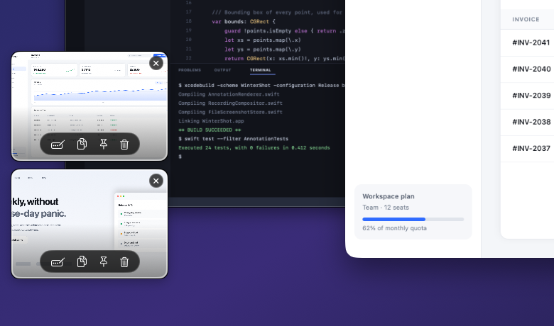 Two capture preview cards stacked at the bottom-left of the screen, each with annotate, copy, pin and delete buttons