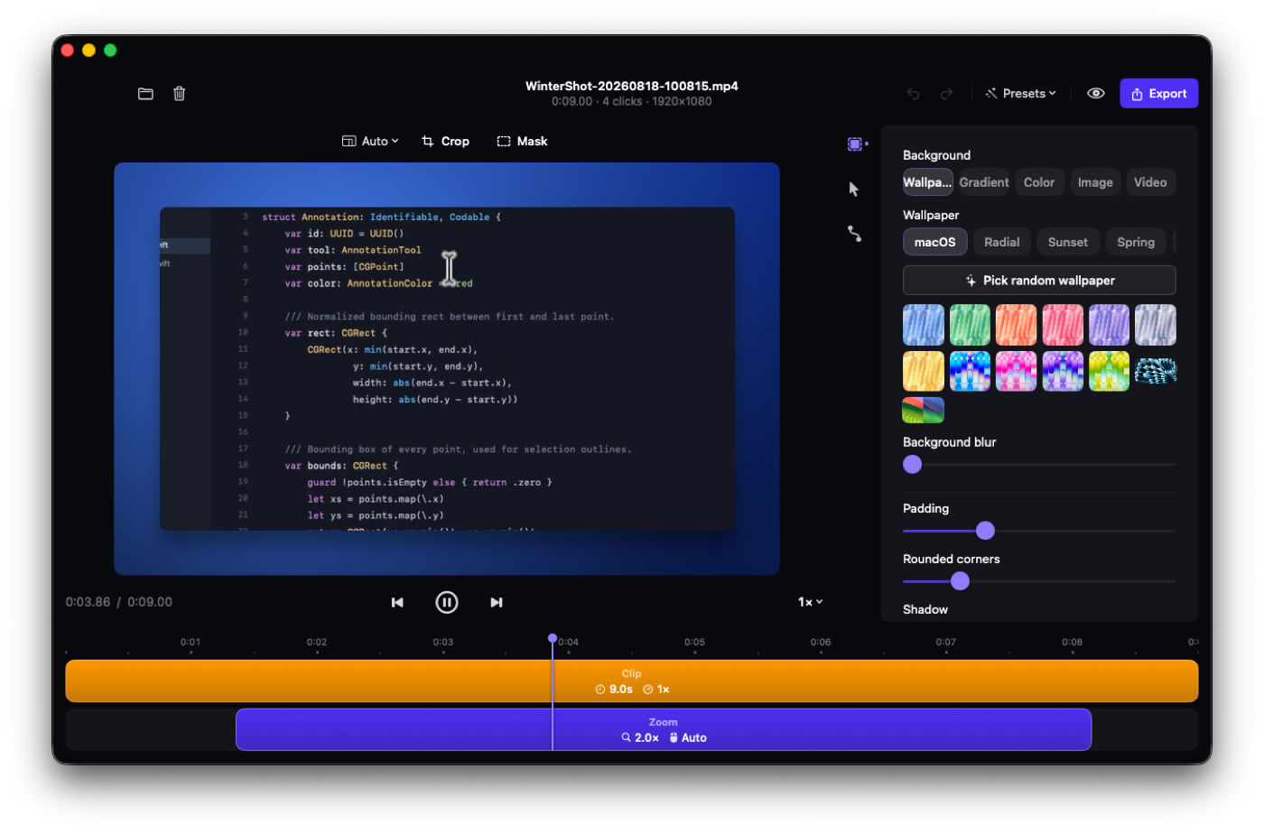 WinterShot's recording editor: the recording sits on a wallpaper backdrop, a synthetic cursor and auto-zoom follow the clicks, and a timeline shows the clip and zoom ranges